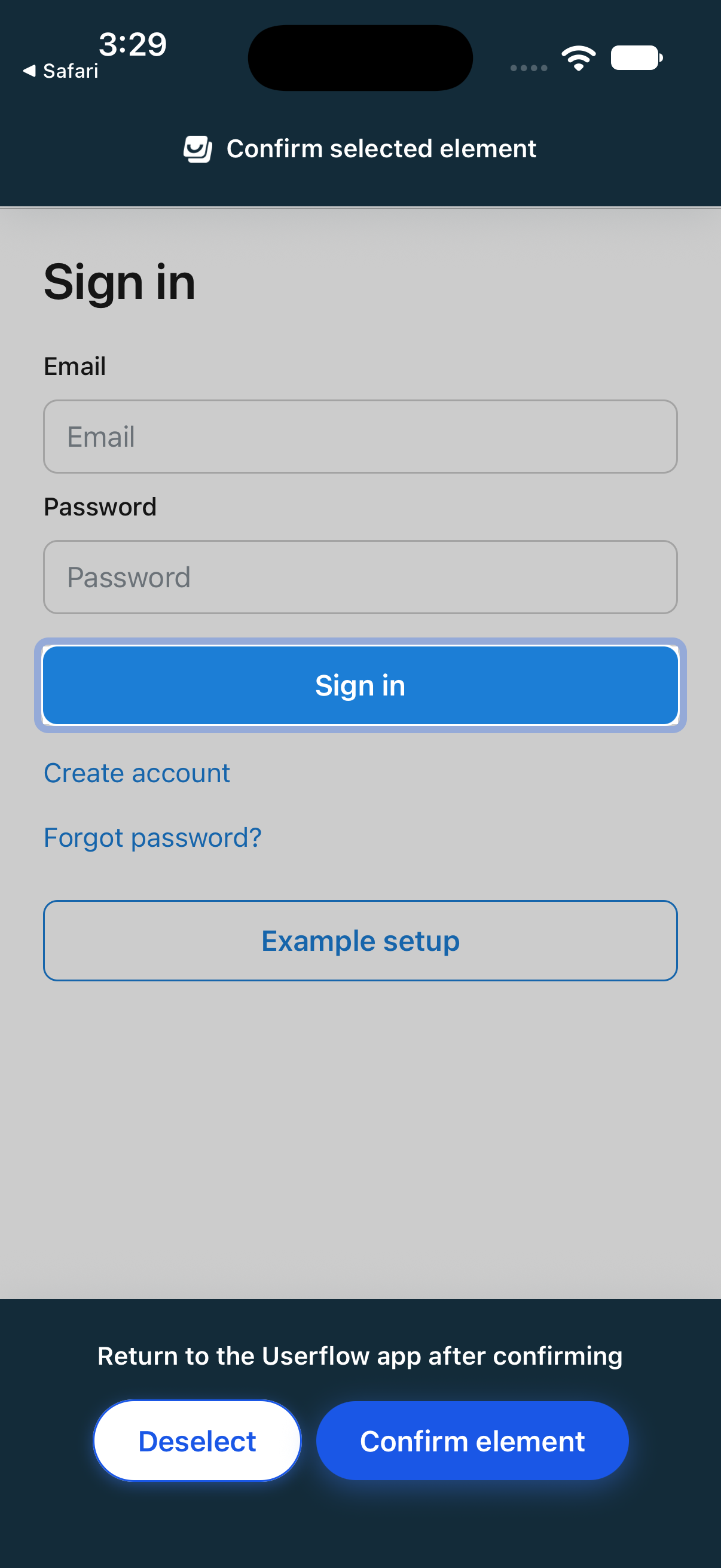 A selected button on the simulator, with Confirm element at the bottom
