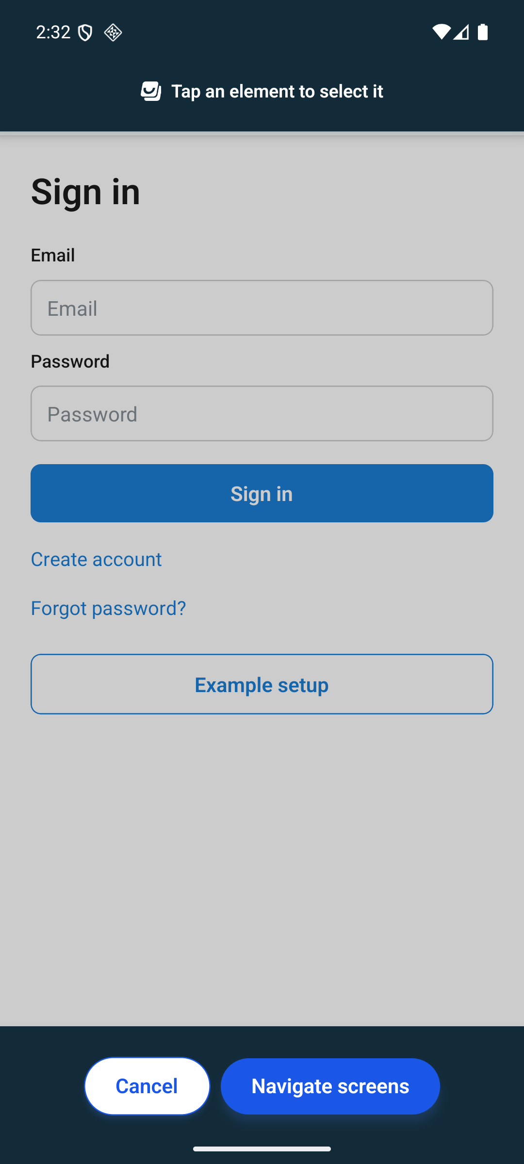 Element selection mode on the emulator