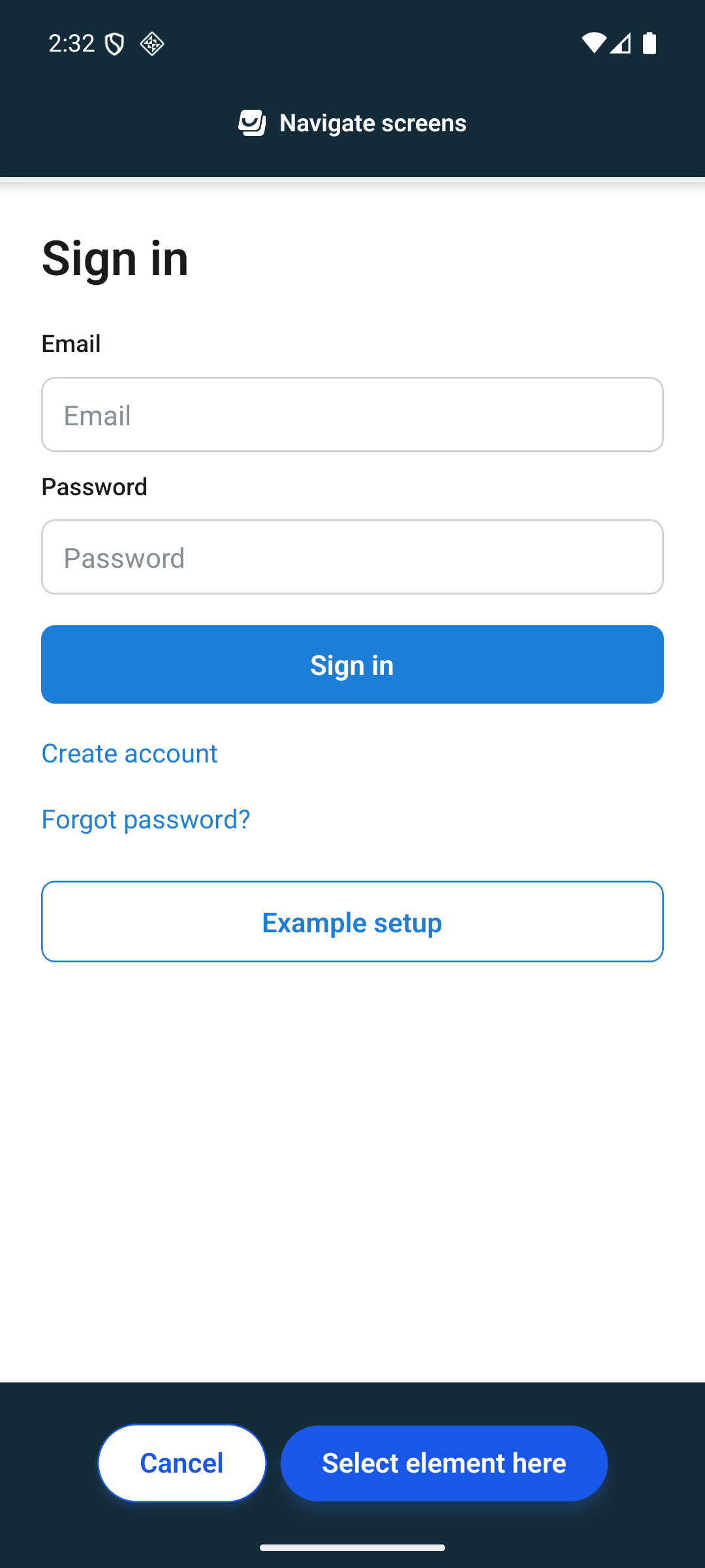 Navigate screens mode, with Select element here at the bottom