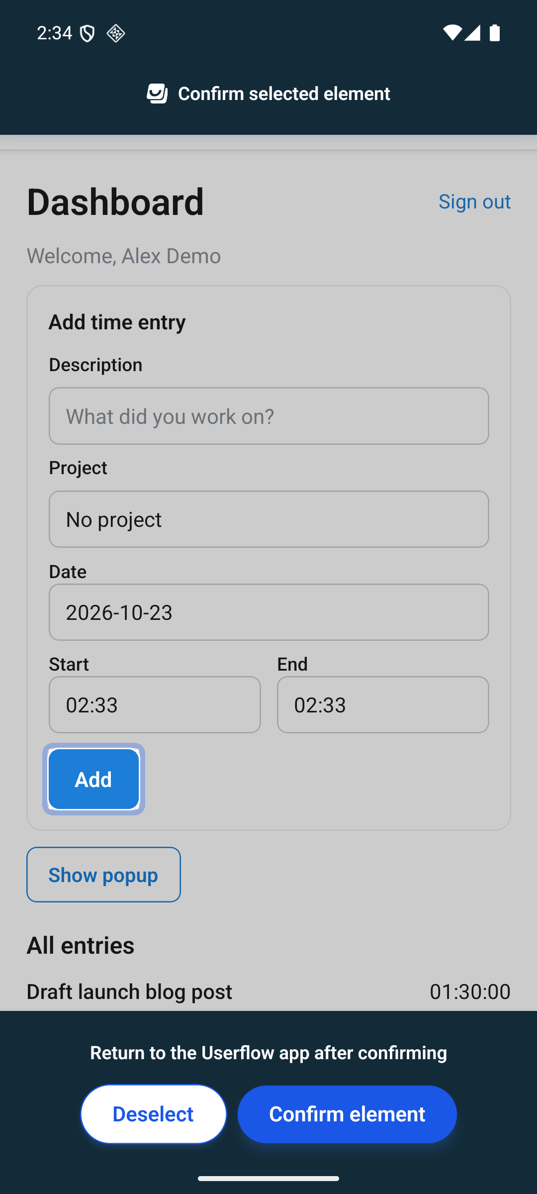 The selected button highlighted on the emulator