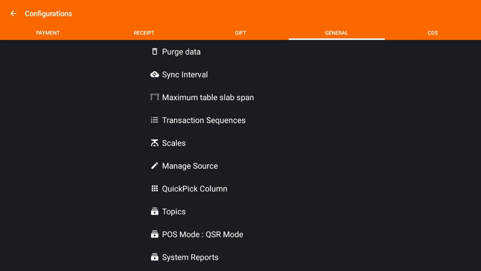 Configuration settings for payment, receipt, and general options displayed on a device.