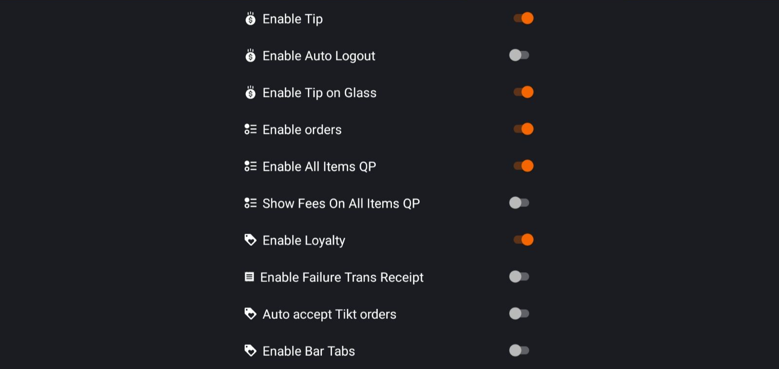 Configuration settings for payment, receipt, gift, and general options displayed on a device.