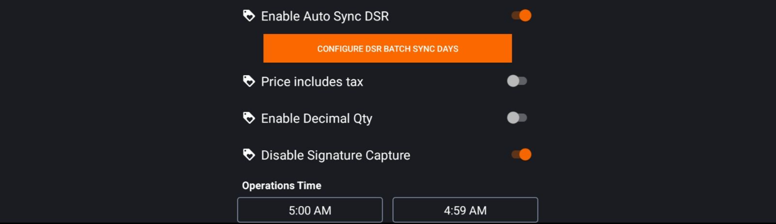 Configuration settings for payment, receipt, and general options in an application interface.