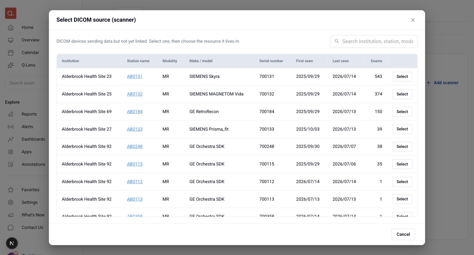 Step 1 of the wizard: a table of unlinked DICOM devices with institution, station name, modality, make and model, serial number, first and last seen dates, exam count, and a Select button on each row.