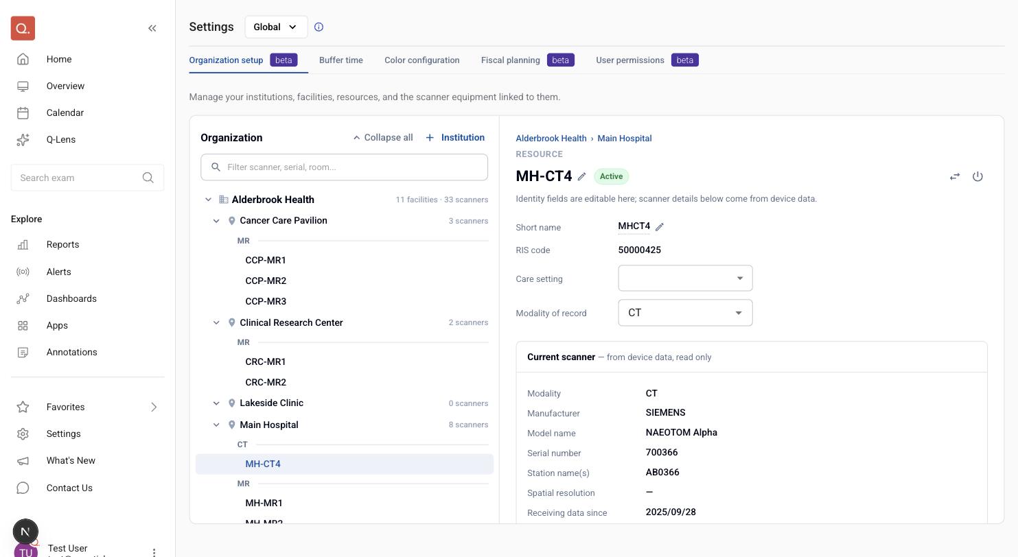 A resource detail panel: editable Short name, Care setting and Modality of record, the RIS code shown for reference, and below them a read-only Current scanner panel listing modality, manufacturer, model, serial number and station names.