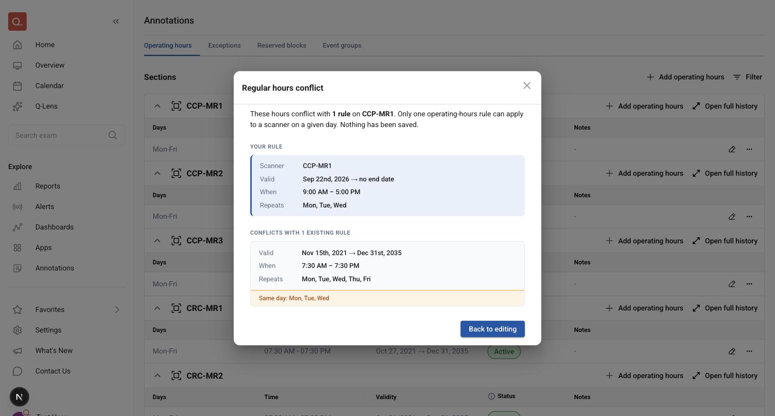 The Regular hours conflict dialog: a Your rule card above a Conflicts with 1 existing rule card, each listing validity, times and repeat days, with a highlighted Same day line and a Back to editing button.