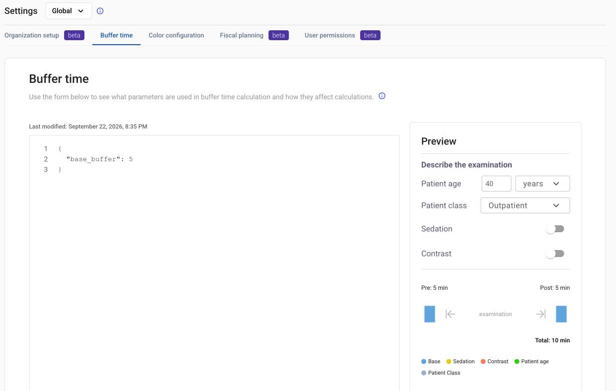 Settings, Global scope, Buffer time page with the rules editor and Preview