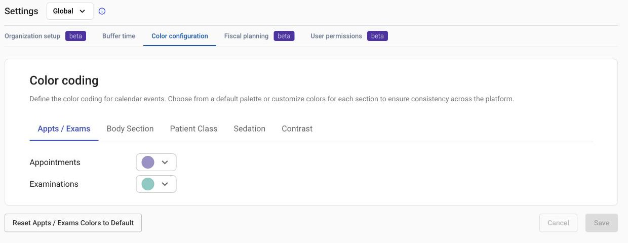 Settings, Global scope, Color configuration tab showing the Color coding page