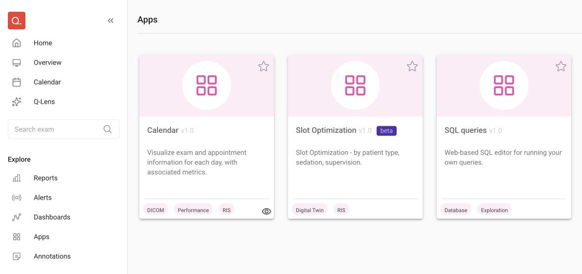 Explore, Apps page with the Calendar, Slot Optimization and SQL queries cards