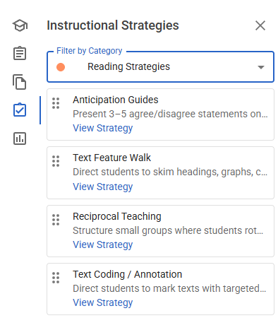 Instructional strategies for reading, including anticipation guides and reciprocal teaching methods.