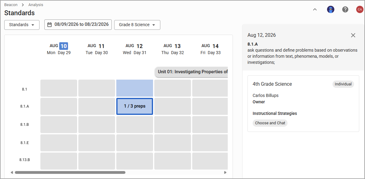 Calendar view showing lesson plans and instructional standards for 8th Grade Science.