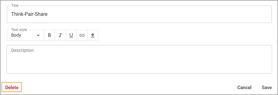 Interface for creating a Think-Pair-Share activity with options to save or delete.