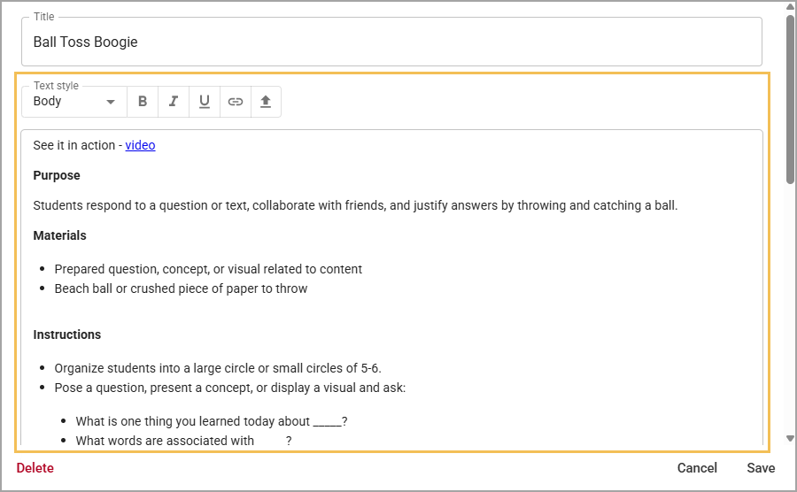Highlighting the strategy description to edit.