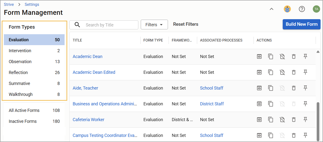 Overview of form management with highlighted evaluation type and associated forms listed.