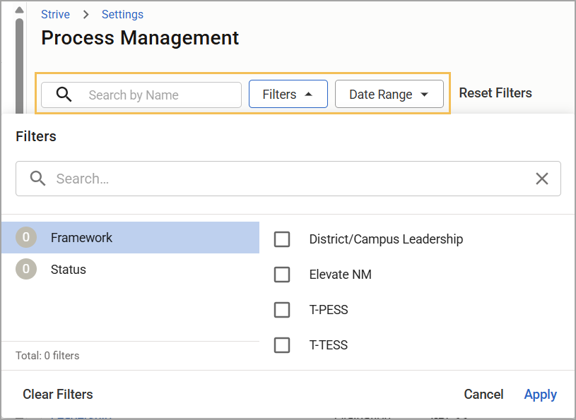 Process management interface showing filters for framework and status selection options and a selectable date range.