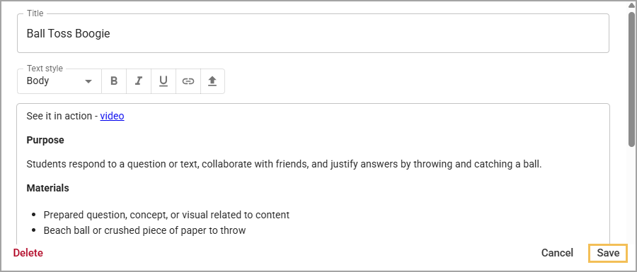 Save action highlighted for a strategy that a user has finished editing.