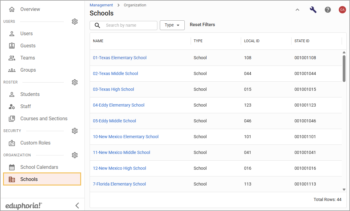 List of schools with names, types, and IDs in an educational management system.