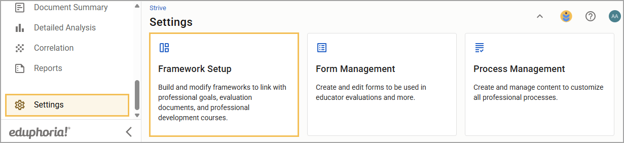 Settings menu displaying Framework Setup, Form Management, and Process Management options.