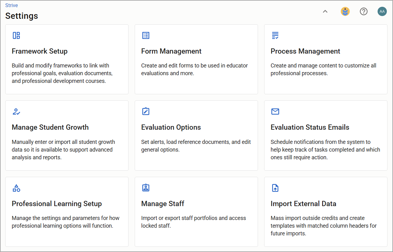 Settings menu displaying options for managing frameworks, evaluations, forms, processes, student growth, and more.