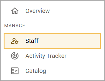 The menu displays options with 'Staff' highlighted under the 'Manage' section.
