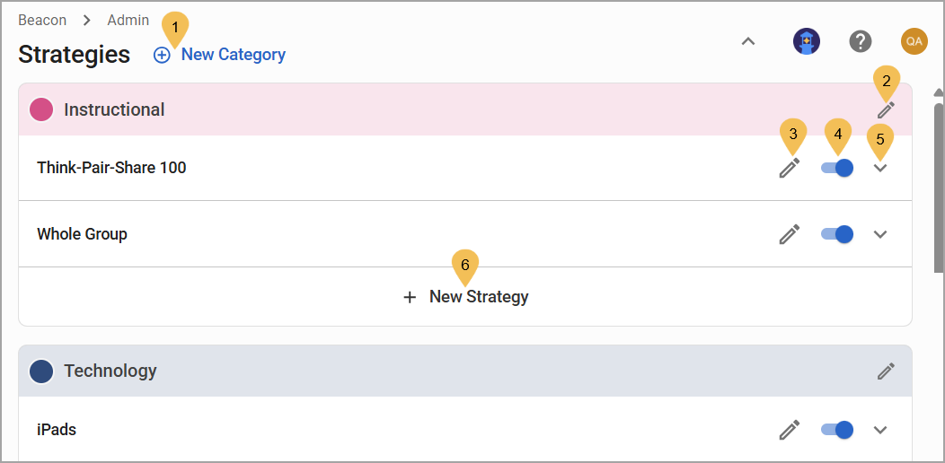 Overview of instructional strategies with options to add or edit categories and strategies.