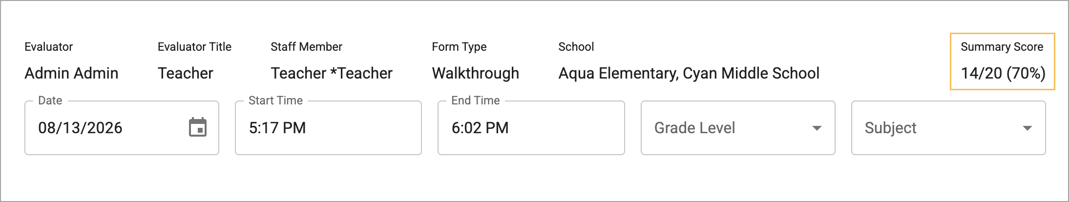 Evaluation summary showing scores and details for a teacher walkthrough assessment.