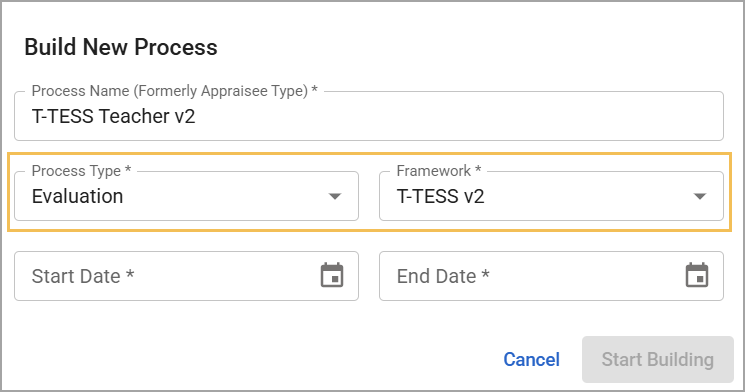 Modal to build a new evaluation process for T-TESS Teacher v2.