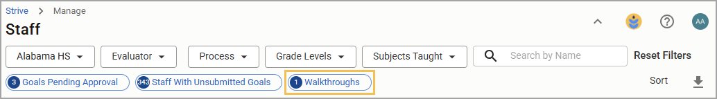 Staff management interface displaying filters and the walkthrough widget.