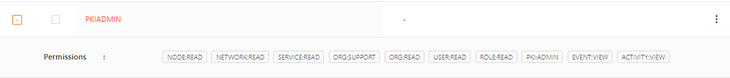 Example role line item for PKIADMIN role that shows its associated permissions