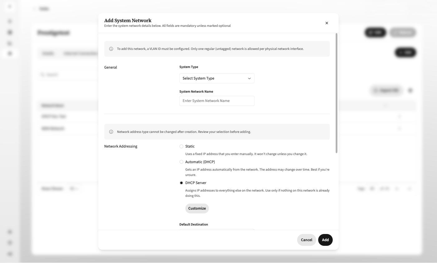 Add System Network dialog with DHCP Server selected