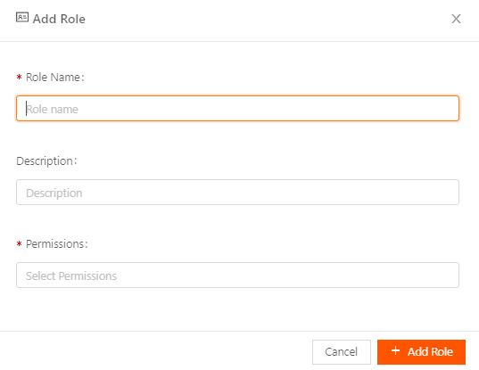 Add Role window that has fields for Role Name, Description, and Permissions