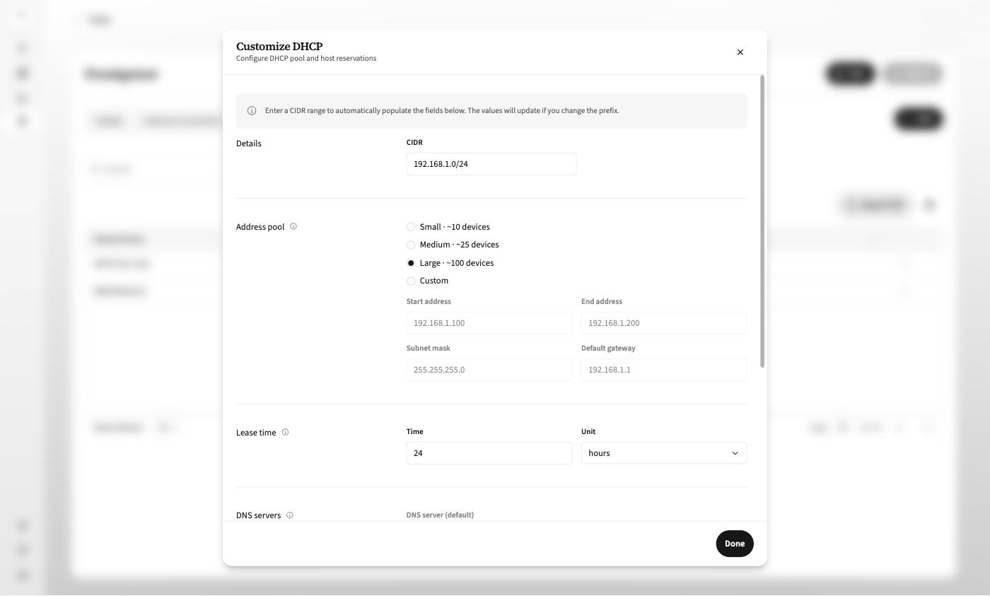 Customize DHCP dialog showing CIDR and address pool