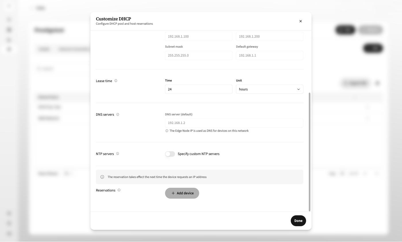 Reservations section of the Customize DHCP dialog