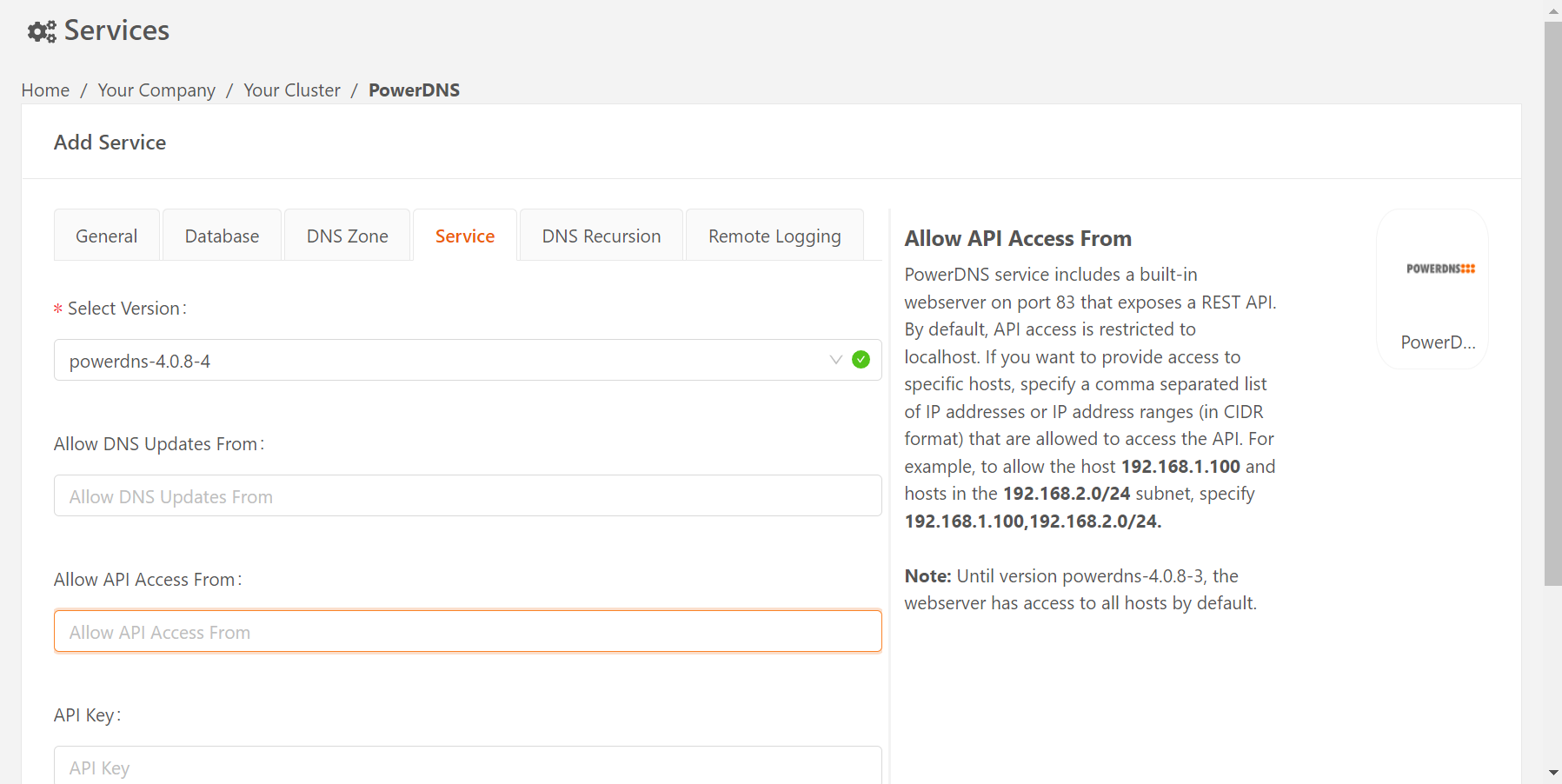 powerdns service allowapiaccess