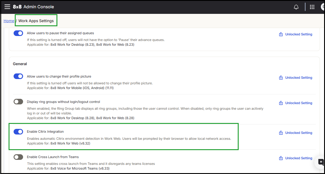 Enable Citrix integration – Allow automatic Citrix environment detection for eight by eight Work web users. 8x8 Admin Console Work Apps Settings showing Citrix integration enabled to allow automatic environment detection in web app