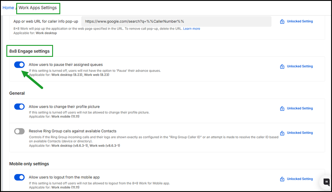 Work Apps Settings - Toggle the "Allow user to pause their assign queues” option to show or hide the "Pause button on user’s call interface Work Apps Settings - Toggle the "Allow user to pause their assign queues” option to show or hide the "Pause button on user’s call interface
