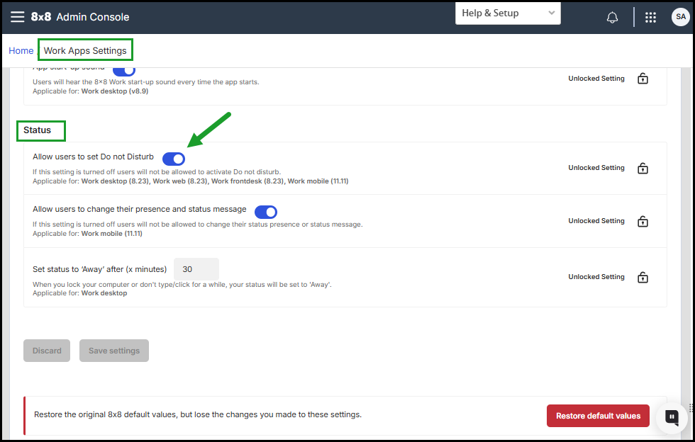Toggle control for the "Allow user to set Do Not Disturb" option within Work Apps Settings Toggle control for the "Allow user to set Do Not Disturb" option within Work Apps Settings