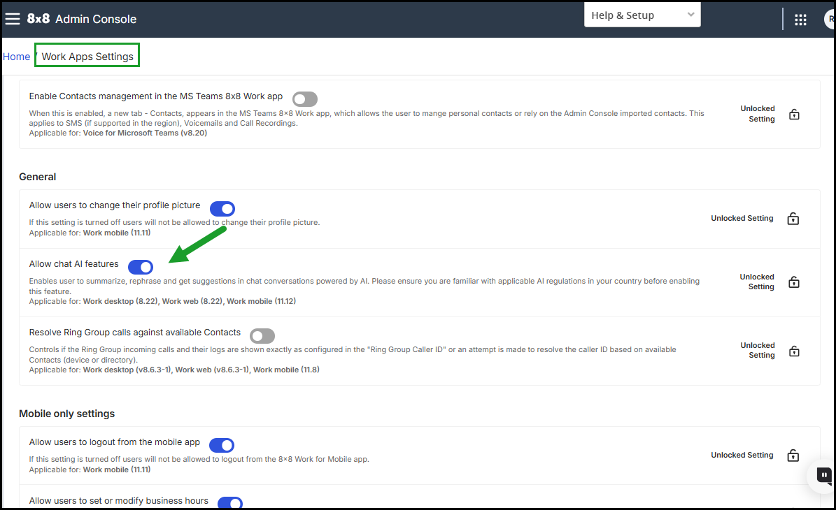 Work Apps Settings - Allow users to leverage AI functionalities in chat conversations Work Apps Settings - Allow users to leverage AI functionalities in chat conversations