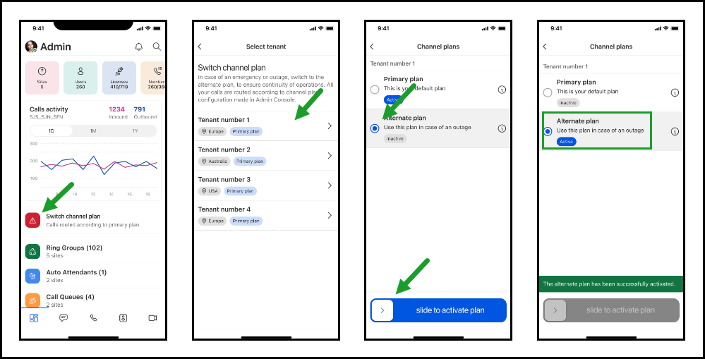 Administrator selecting a tenant and activating alternate channel plan in 8x8 Mobile Admin app during an outage