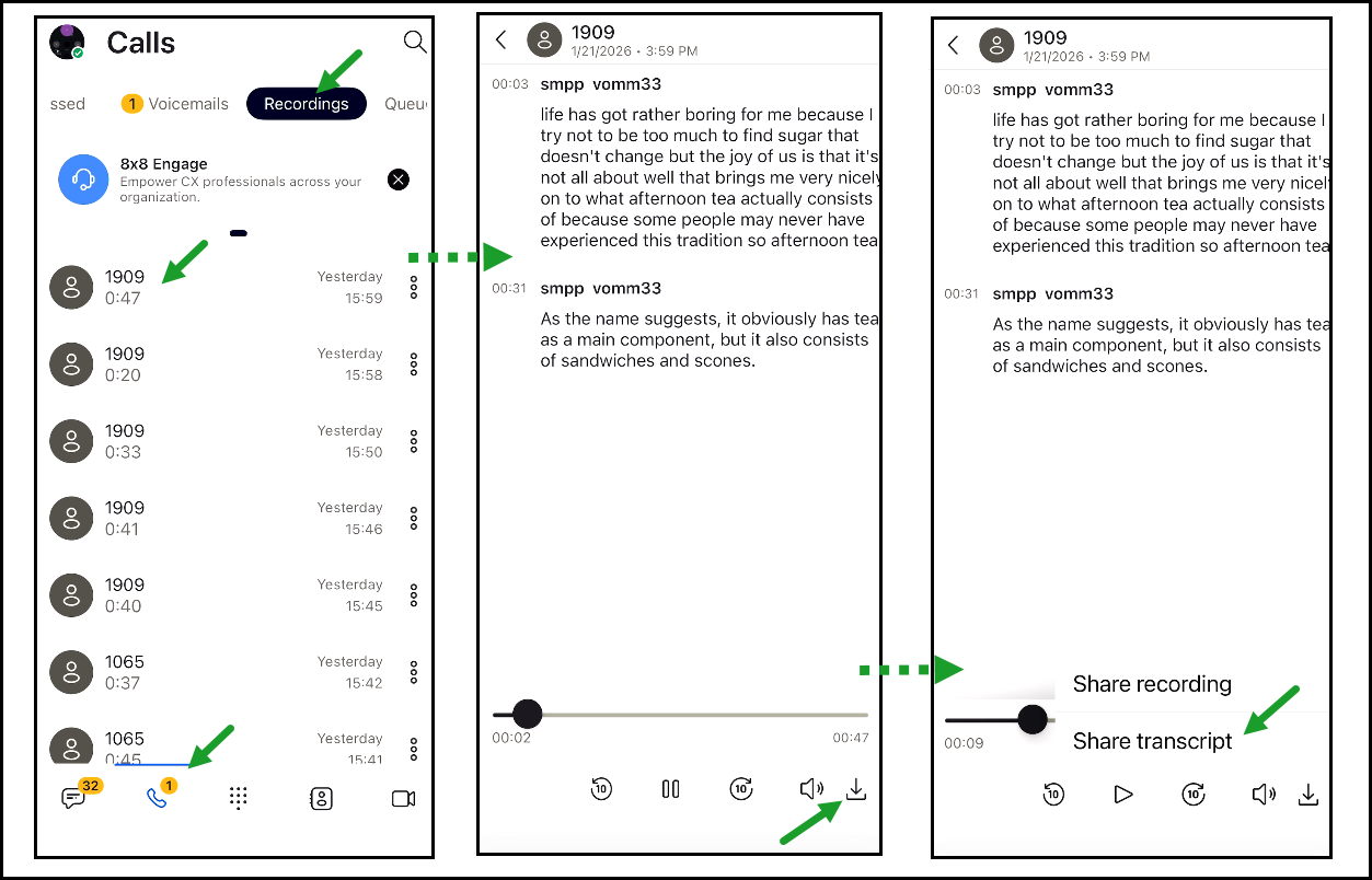 Access call recordings to play audio and view transcripts, then share the recording or its transcript The Recordings tab showing a list of call recordings, a transcript view for a selected call, and options to download the transcript or audio recording