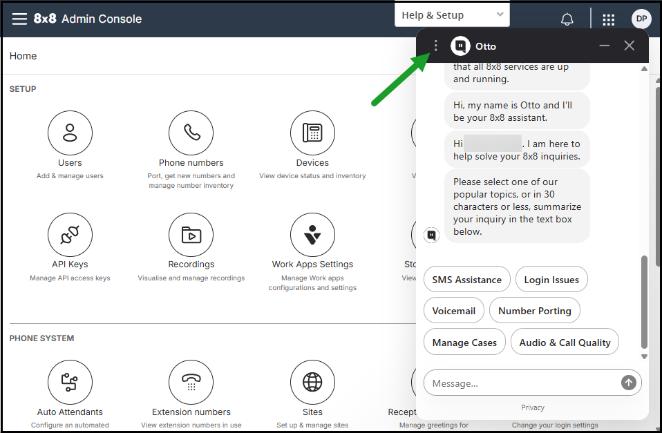 The redesigned 8x8 chatbot, Otto, now boasts a fresh look and feel, enhancing the overall user experience within the 8x8 Admin Console app The redesigned 8x8 chatbot, Otto, now boasts a fresh look and feel, enhancing the overall user experience within the 8x8 Admin Console app