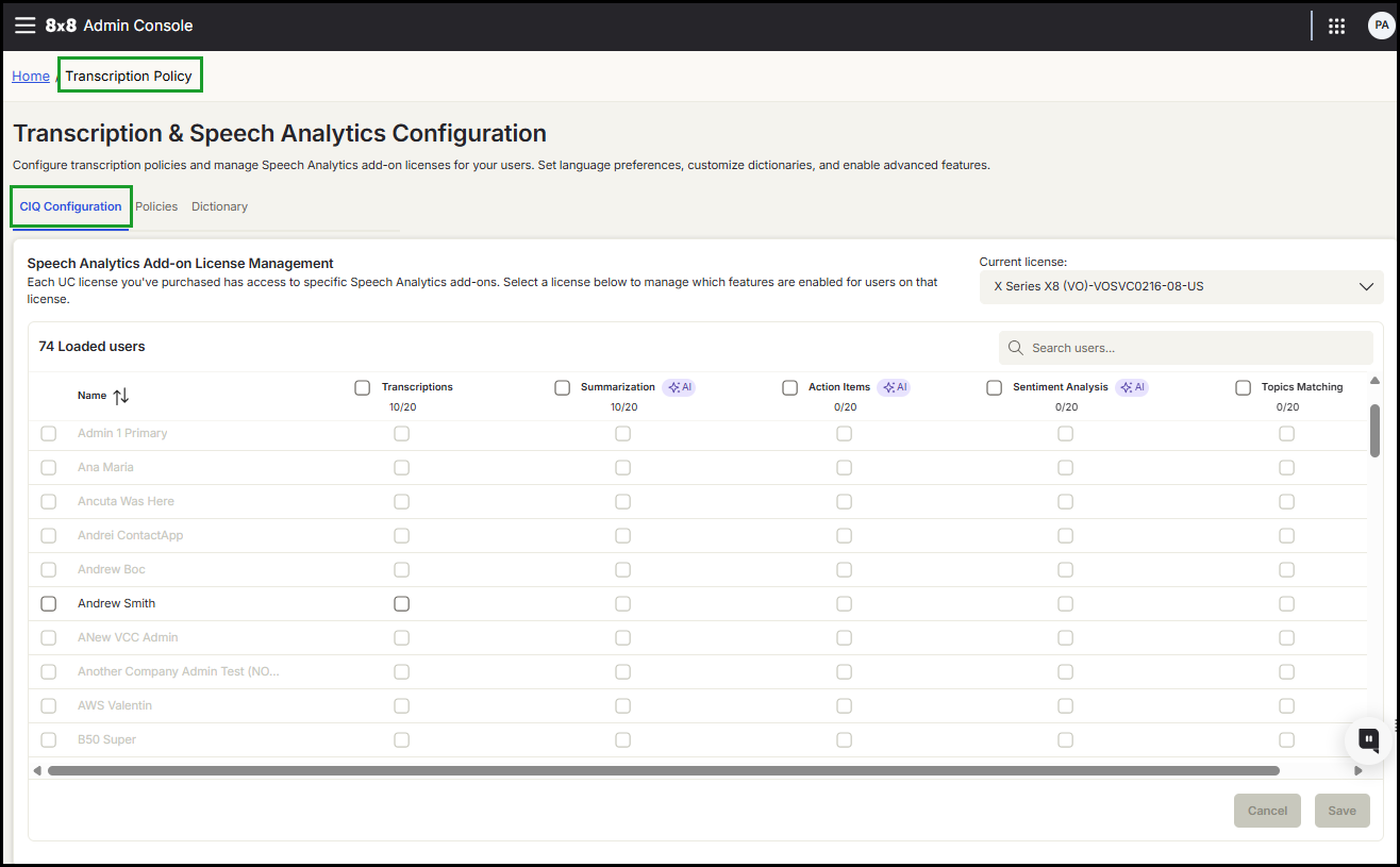 CIQ Configuration – Manage Speech Analytics add-on licenses and enable features such as Transcriptions, AI Summarization, Action Items, and Sentiment Analysis for selected users The Transcription and Speech Analytics Configuration page with the CIQ Configuration tab selected. The screen displays license selection, a searchable user list, and feature checkboxes for Transcriptions, AI Summarization, Action Items, and Sentiment Analysis
