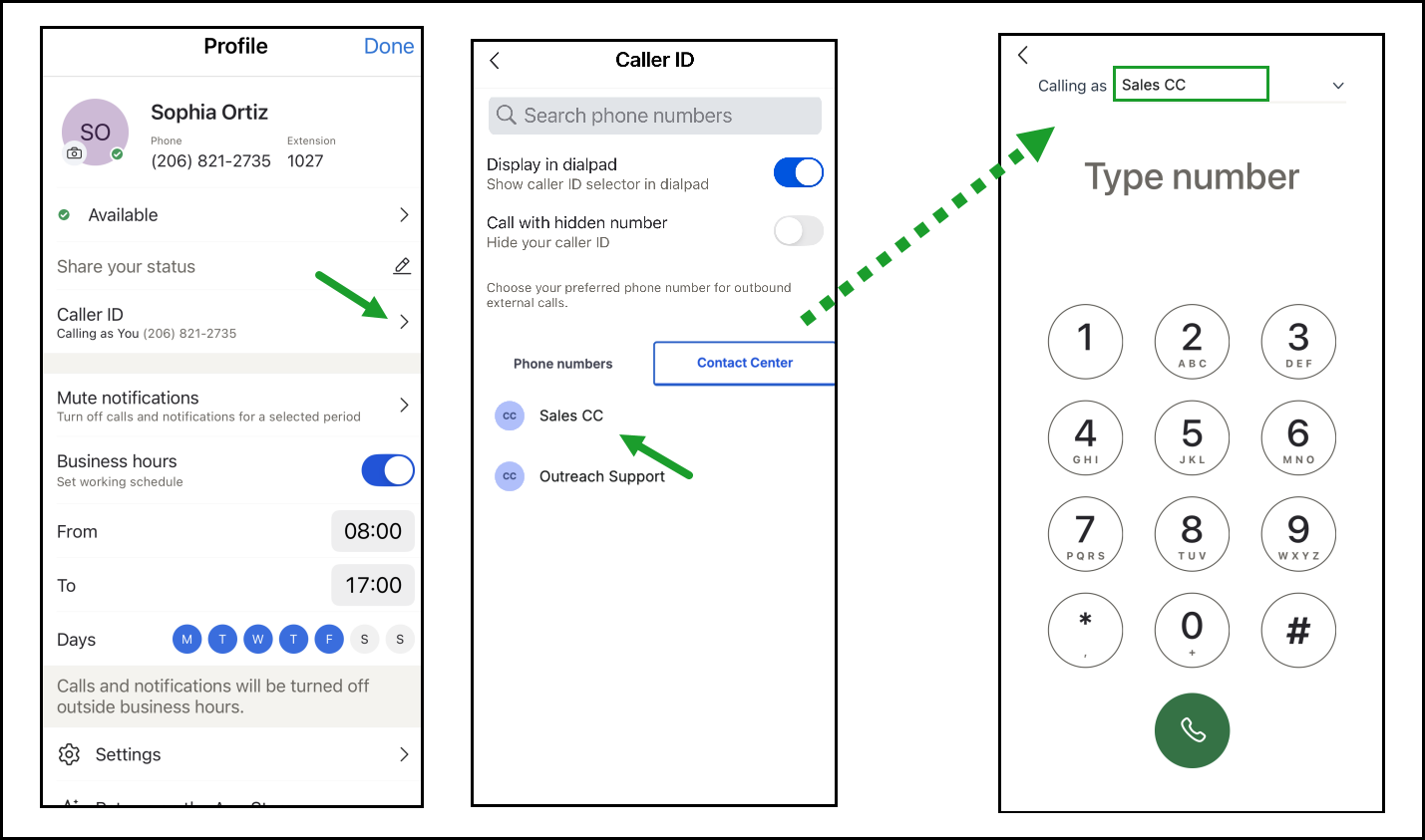 Agent selecting Sales CC queue as outbound Caller ID in 8x8 Engage profile settings and mobile dialpad