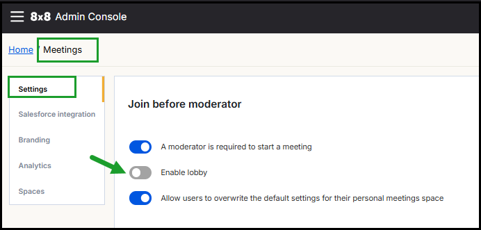 Meeting settings: Enable lobby – Control whether participants wait in a lobby before joining a meeting 8x8 Admin Console Meetings Settings page showing Join before moderator options, with the Enable lobby toggle turned off and highlighted