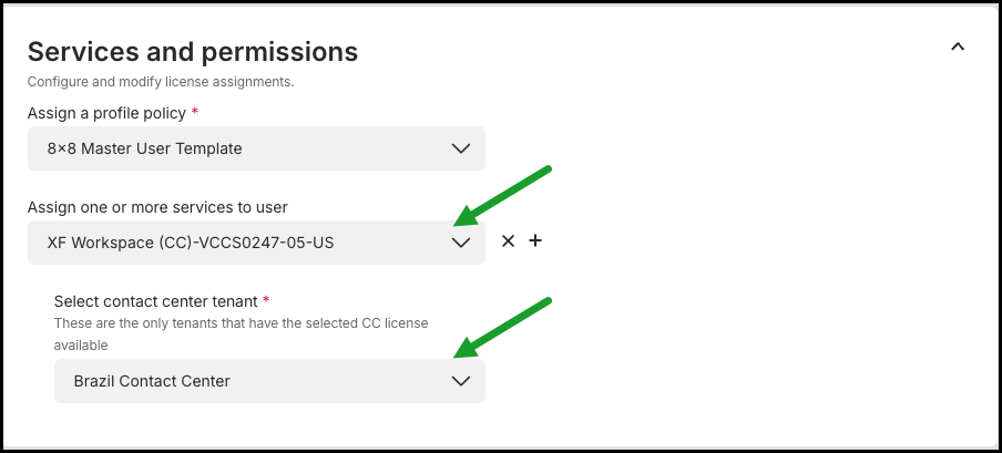 Select contact center tenant while setting up user's services and permissions Select contact center tenant while setting up user's services and permissions