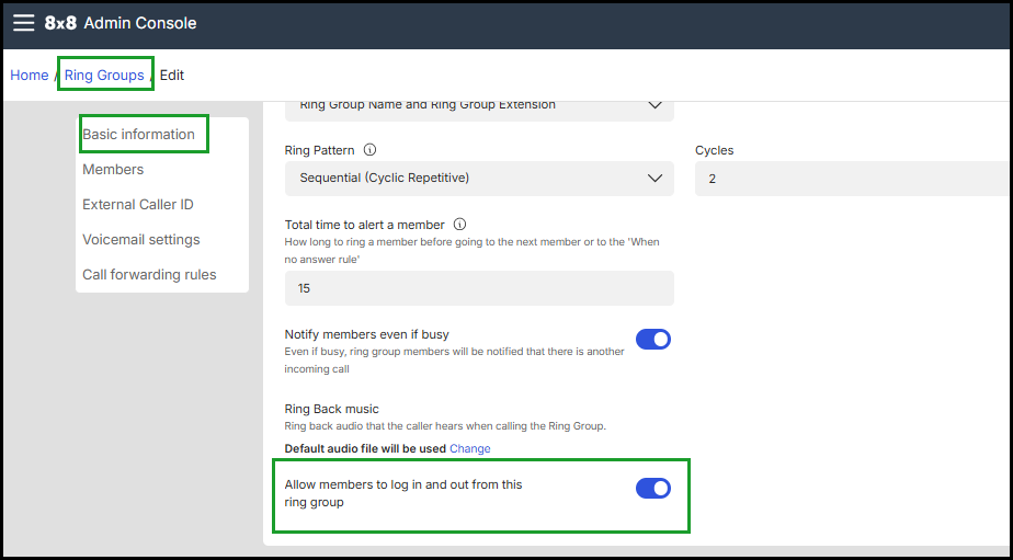 Enable or disable whether Ring Group members can log in or out of the group directly from their 8x8 Work app Screenshot of the 8x8 Admin Console showing the Ring Groups > Basic information page with a highlighted toggle labeled “Allow members to log in and out from this ring group”