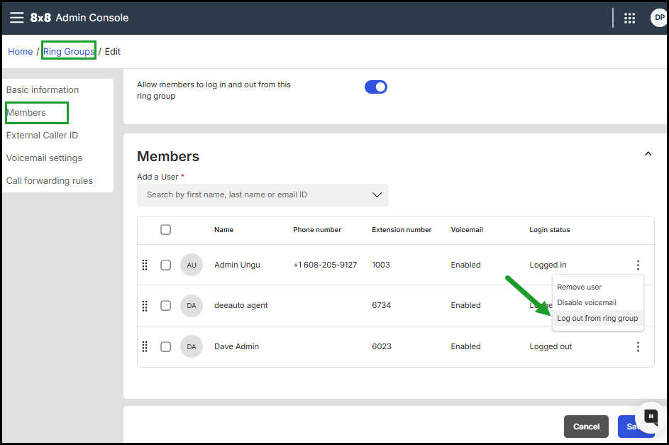 Manage Ring Group members by adding users, viewing their login status, or using the menu options to remove a user, disable voicemail, or change their login state 8x8 Admin Console Ring Groups Members page showing the member list with name, phone number, extension, voicemail status, and a highlighted “Login status” column. A three-dot action menu is open for one member, displaying options such as Remove user, Disable voicemail, and Log out from ring group