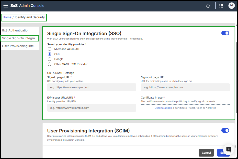 Configure Single Sign-On (SSO) by selecting your identity provider, adding SAML settings, entering the required SAML settings and uploading the certificate for secure login 8x8 Admin Console Single Sign-On Integration (SSO) page showing identity provider options like Azure AD, Okta, and Google, with fields for SAML settings and certificate upload