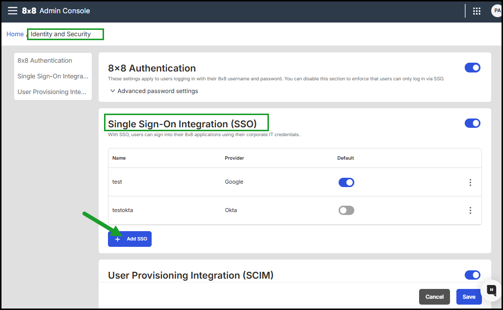 Identitiy and Security page: Click Add SSO to start configuring a new SSO integration for your organization Identity and Security page showing the Single Sign-On Integration (SSO) section with a list of configured providers and the Add SSO button highlighted for adding a new SSO integration