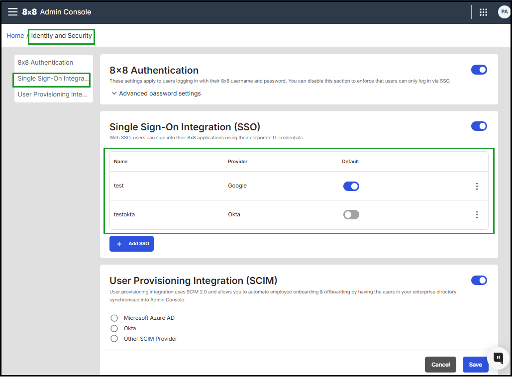 Select and manage multiple Single Sign-On (SSO) providers, including mTLS authentication, from the Identity and Security section Identity and Security settings with Single Sign-On Integration enabled, allowing selection of multiple identity providers such as Microsoft Azure AD, Okta, Google, other SAML providers, and mTLS Authentication